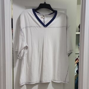 We The Free Free People White V-Neck T-Shirt with Blue Trim